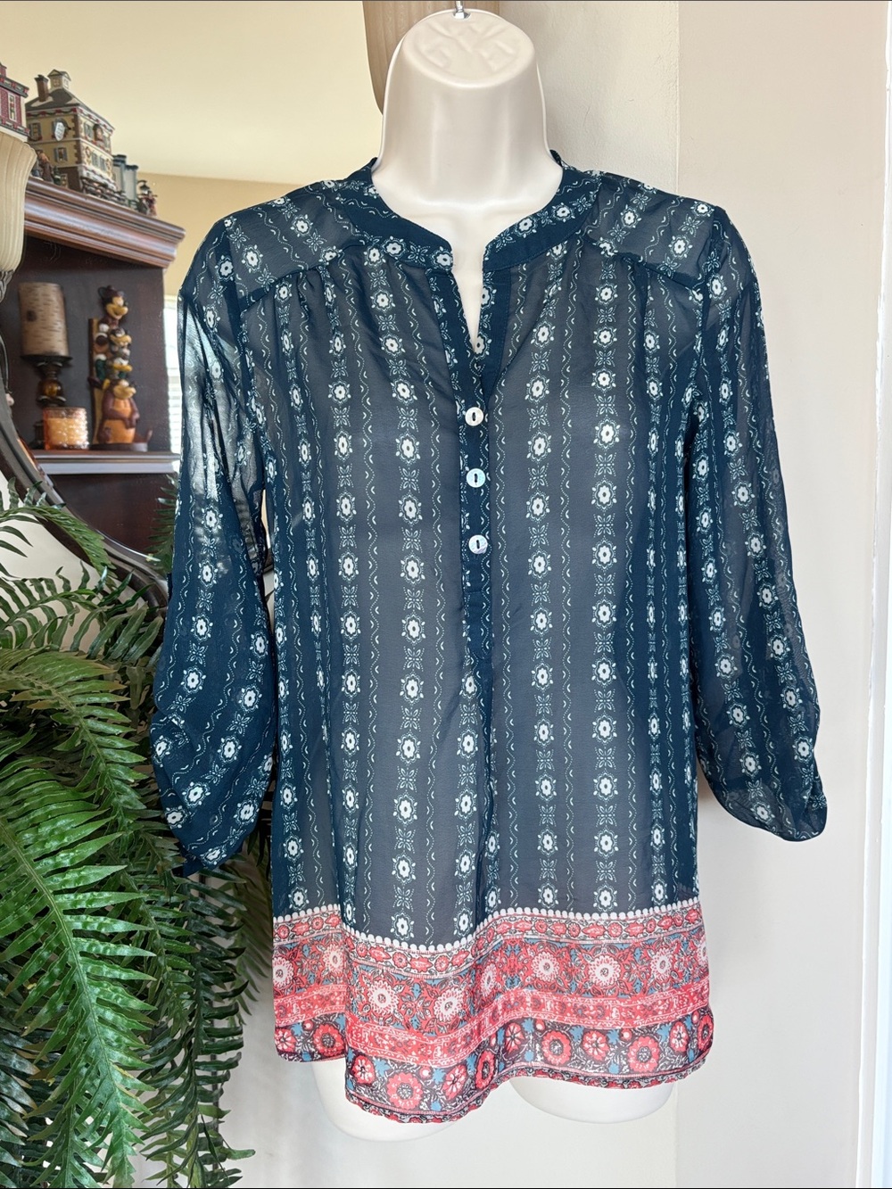 About a Girl Boho Printed Button Up Sheer Tunic Blouse Teal White Stripes Coral
